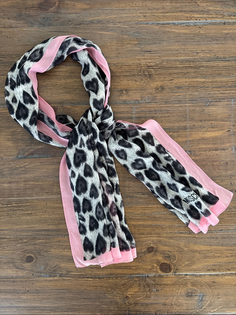 MOSCHINO Vintage 100% Silk Leopard Heart Print Scarf Pink Border 20x57